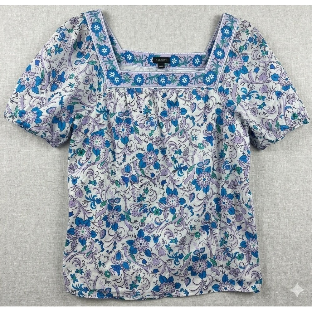 Talbots Blouse Womens Medium Blue Purple Floral Puff Sleeve Cottagecore‎